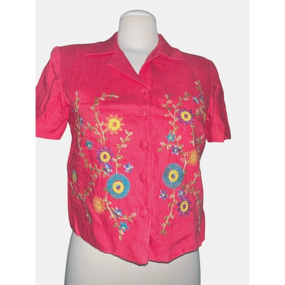John Roberts Petite Pink Linen Button-Up Blazer Blouse Sz 6 Petite Floral Embroi - Picture 6 of 11